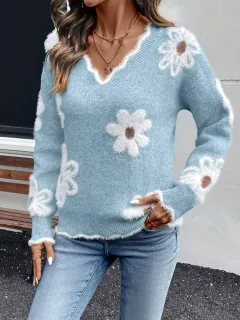 Women's Fall Floral Pattern V-Neck Sweater, Long Sleeve Pullover With Scallop Trim Casual Dressy Top - Light Blue - View 1