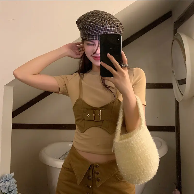 Button Design High Waist Slim Pocket Wide Leg Straight Casual Pants