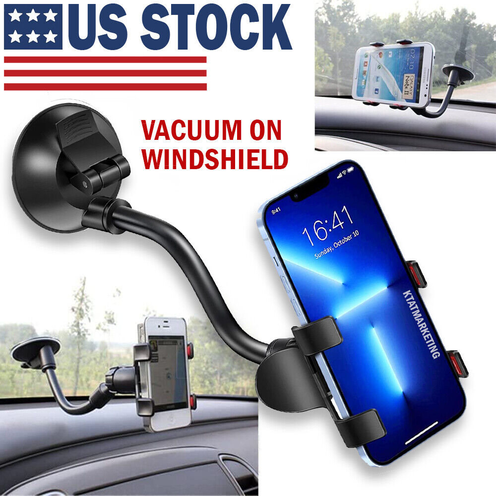 Adjustable car phone holder with 360° rotation and strong suction for windshield. Fits devices up to 3.54 inches wide. Durable arm with 360° rotation. No glue suction cup design. Made for car windshields only.