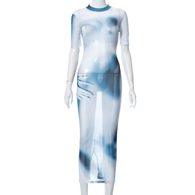 Mesh Print Round Neck Long Dress Blue - Shop at LoveMi