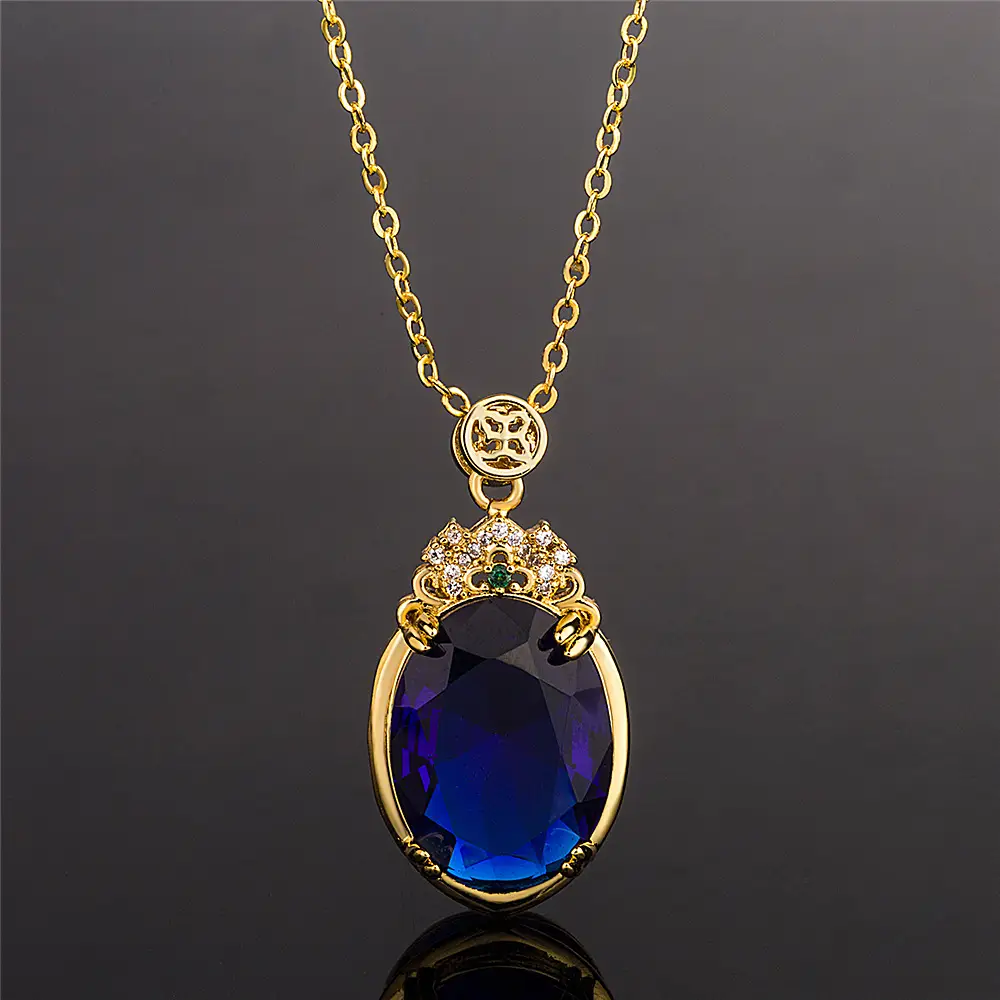 Korean Style Hot Sale Big Stone Brazil Topaz Sapphire Pendant 18K Gold Plating With Diamond Inlaid Luxury Atmosphere