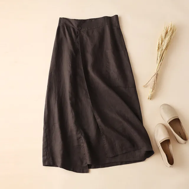Women Elastic Waist Linen Knee length A line Skirt Brown - Shop at LoveMi