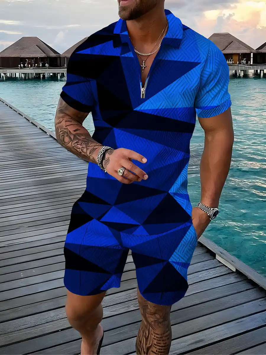 Men's Summer Fashion 3D Printed Short Sleeve Geometric Zip Lapel Shirt Set