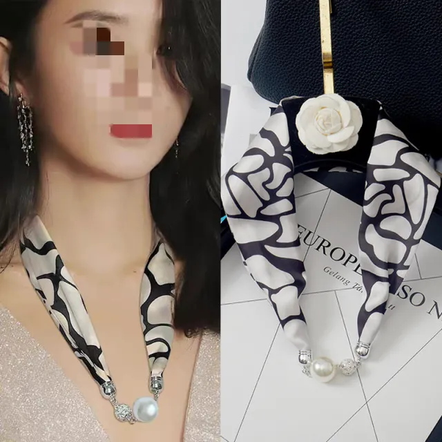 Magnetic Buckle Silk Women Scarf Pearl Necklace Almond Pearl - Shop at LoveMi