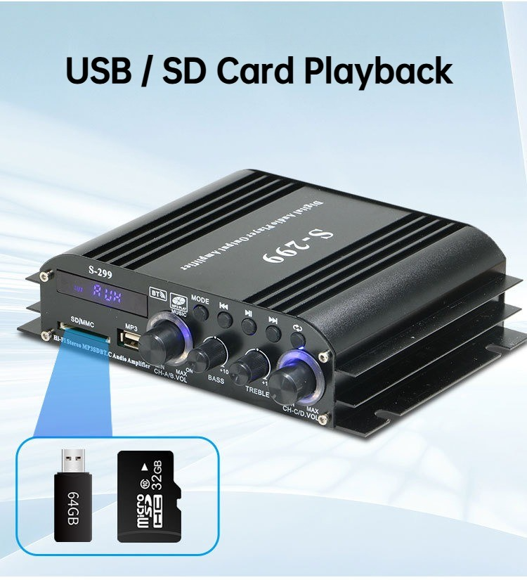 4.1 Channel Digital Amplifier With Bluetooth Home Car Marine Amp USB Player UK