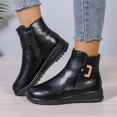 Winter Fleece Boots With Side Zipper Design Fashion Simple Non-slip Ankle Boots For Women Warm Pu Leather Shoes - Black - View 1