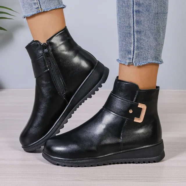 Winter Fleece Boots With Side Zipper Design Fashion Simple Non slip Ankle Boots For Women Warm Pu Leather Shoes Black - Shop at LoveMi