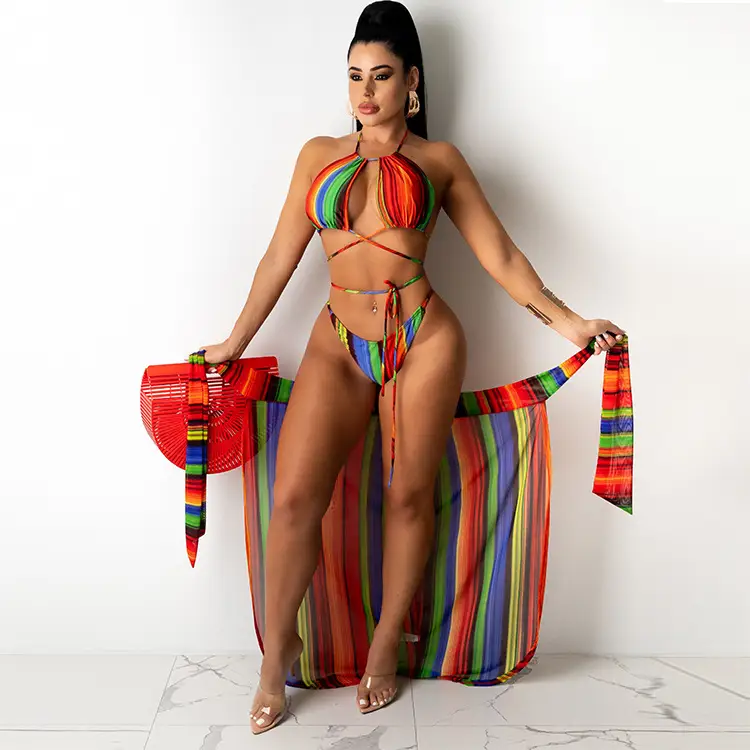 Printed Tulle Split Bikini Three-piece Swimsuit