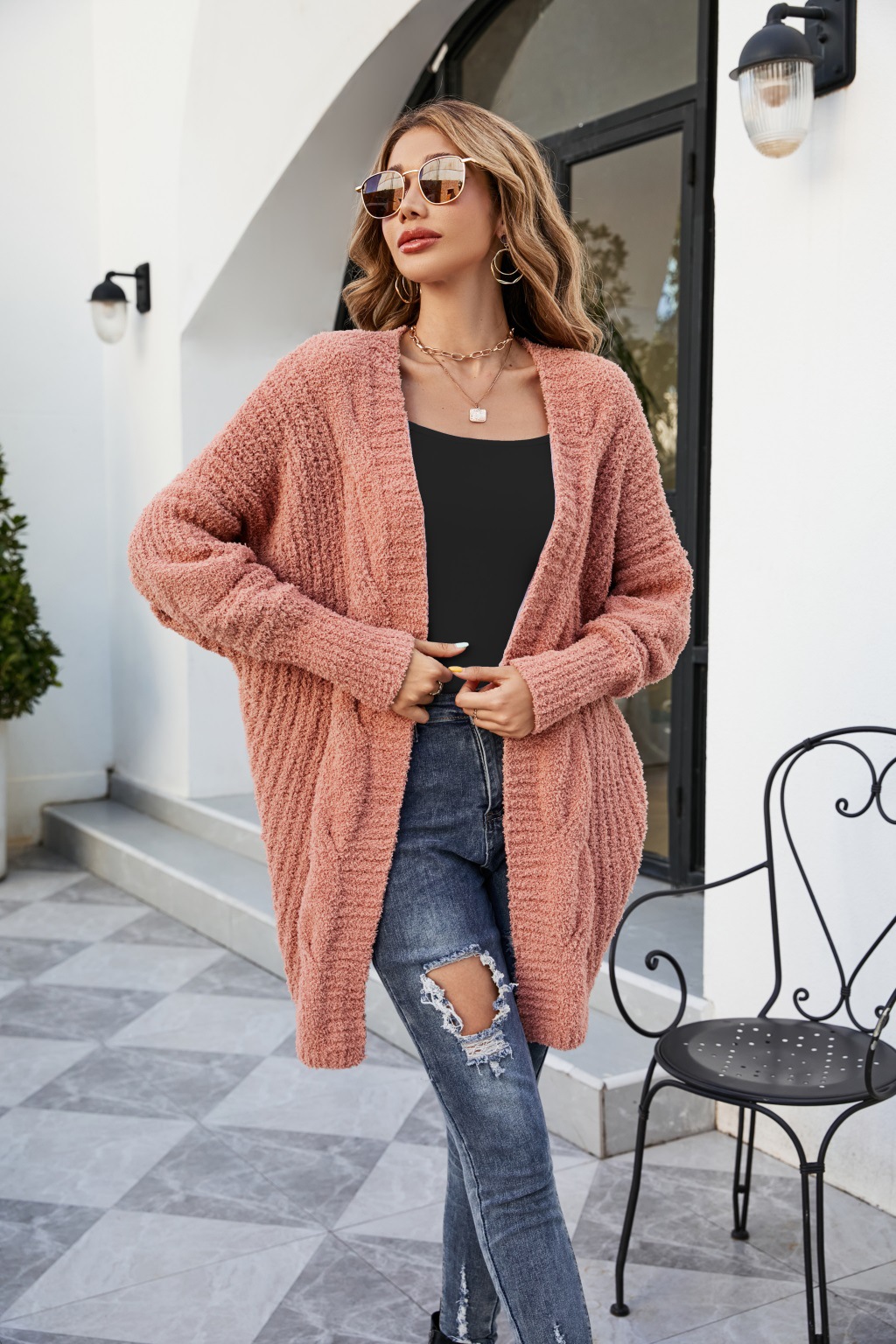 European And American New V-neck Twist Knitted Cardigan Women Loose