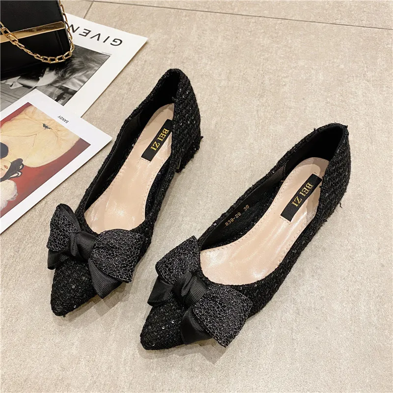 Woven Shoes Casual Mid-low-heeled Shallow Pointy Soft Sole - Black