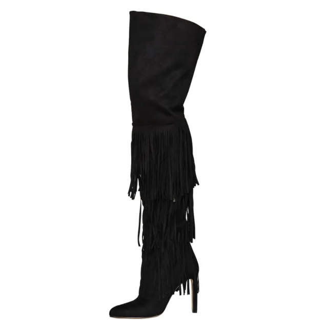 Fringed High Heel Over The Knee Boots Black - Shop at LoveMi