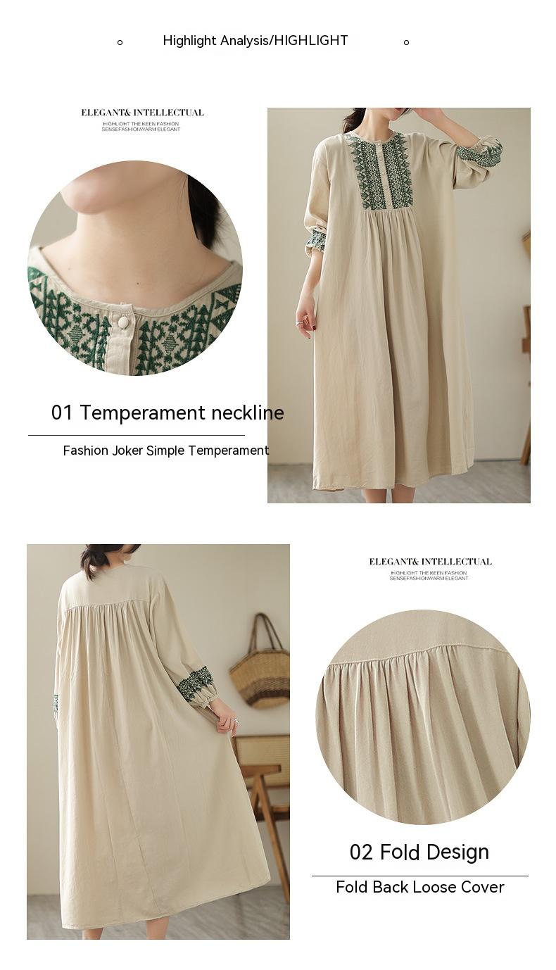 Round Neck Embroidered Half Cardigan Four-button Long Sleeve Dress