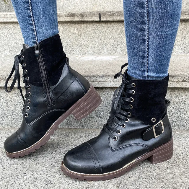 Lace up Boots Winter Buckle Cowboy Boots Women Low Heel Shoes Black - Shop at LoveMi