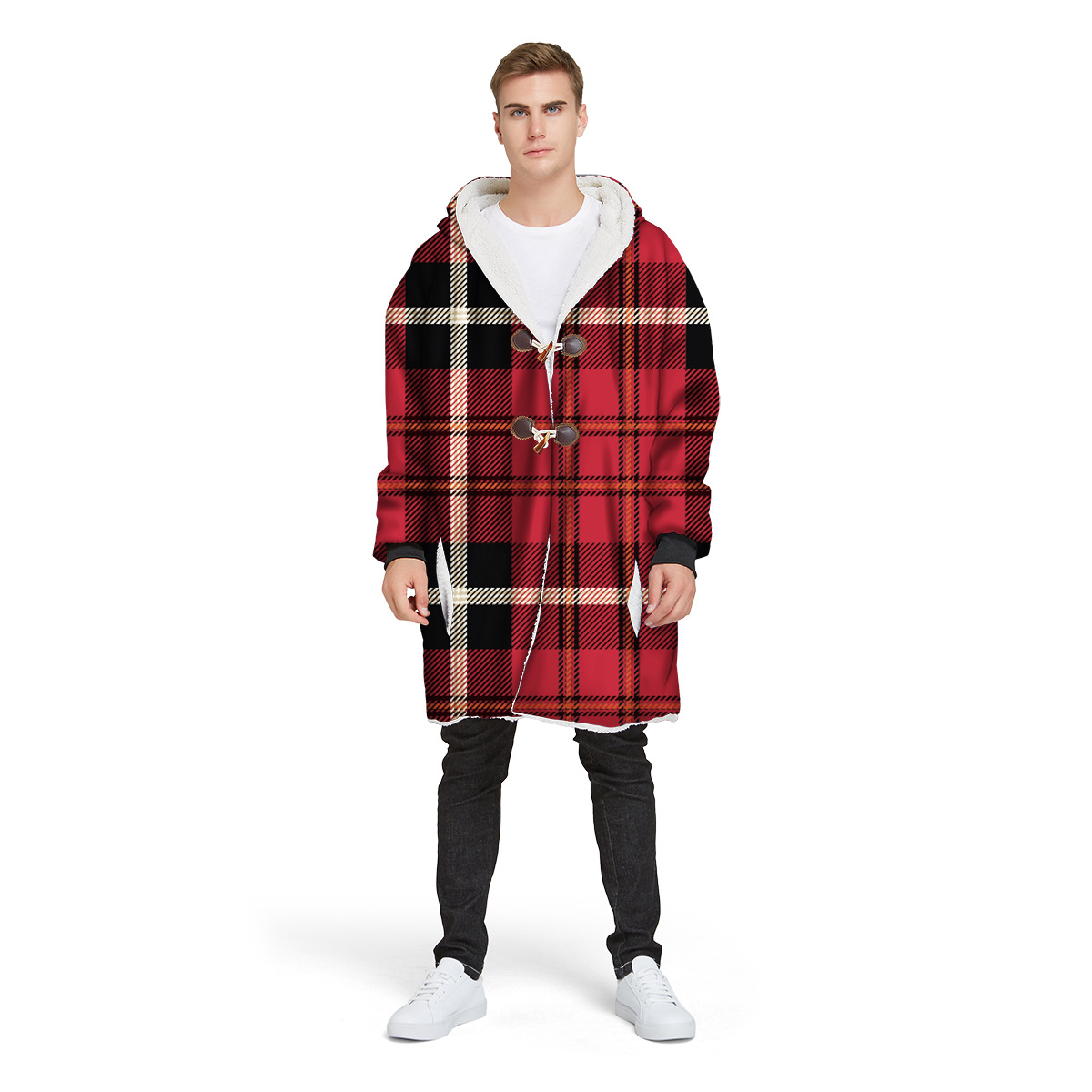 Fashion Plaid Men's Digital Printed Long Hooded Jacket