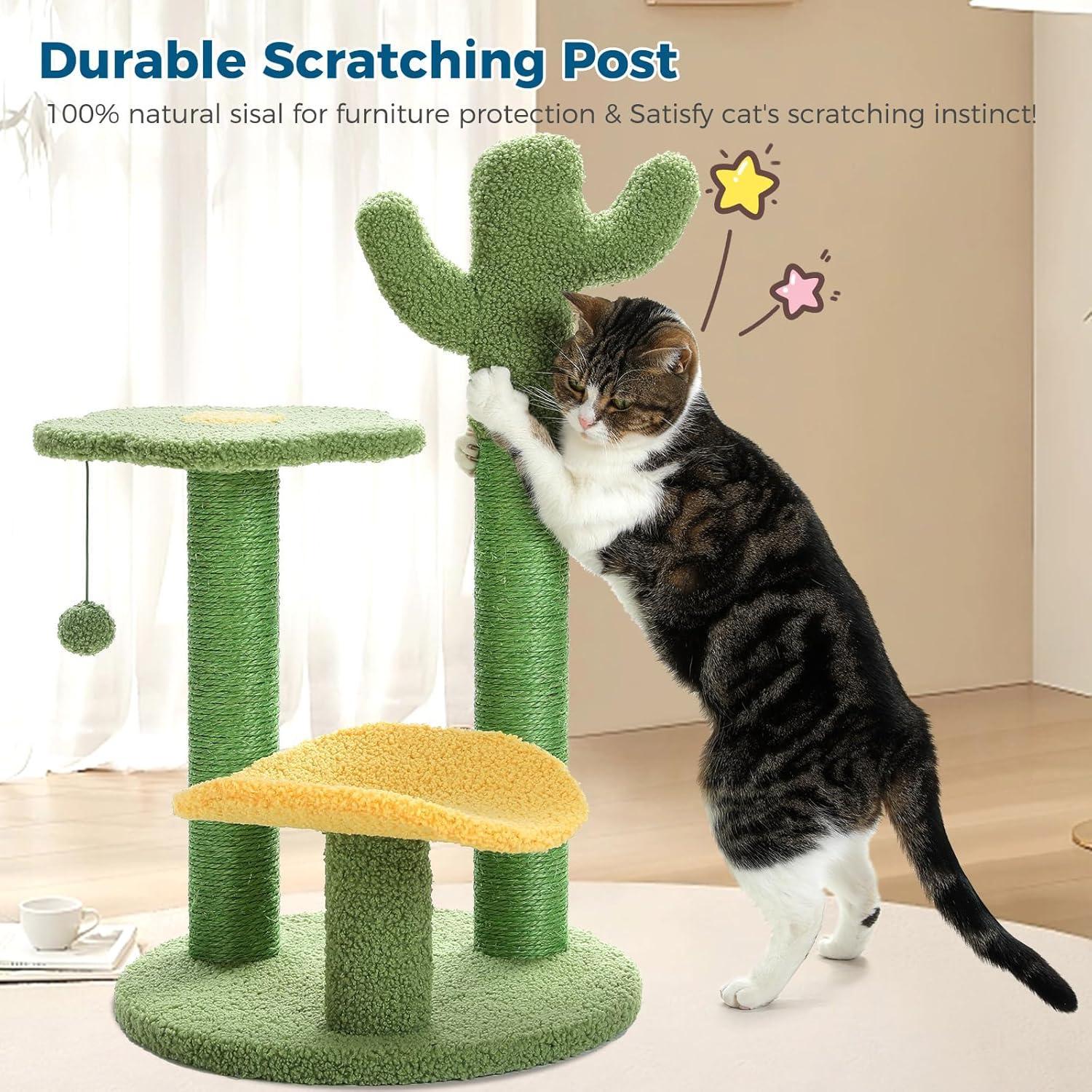 26 Inch Cactus Cat Tree With Bird's Eye View Flower Perch, Soft Cactus Top And Hanging Ball, Compact Vertical Structure For Indoor Cats