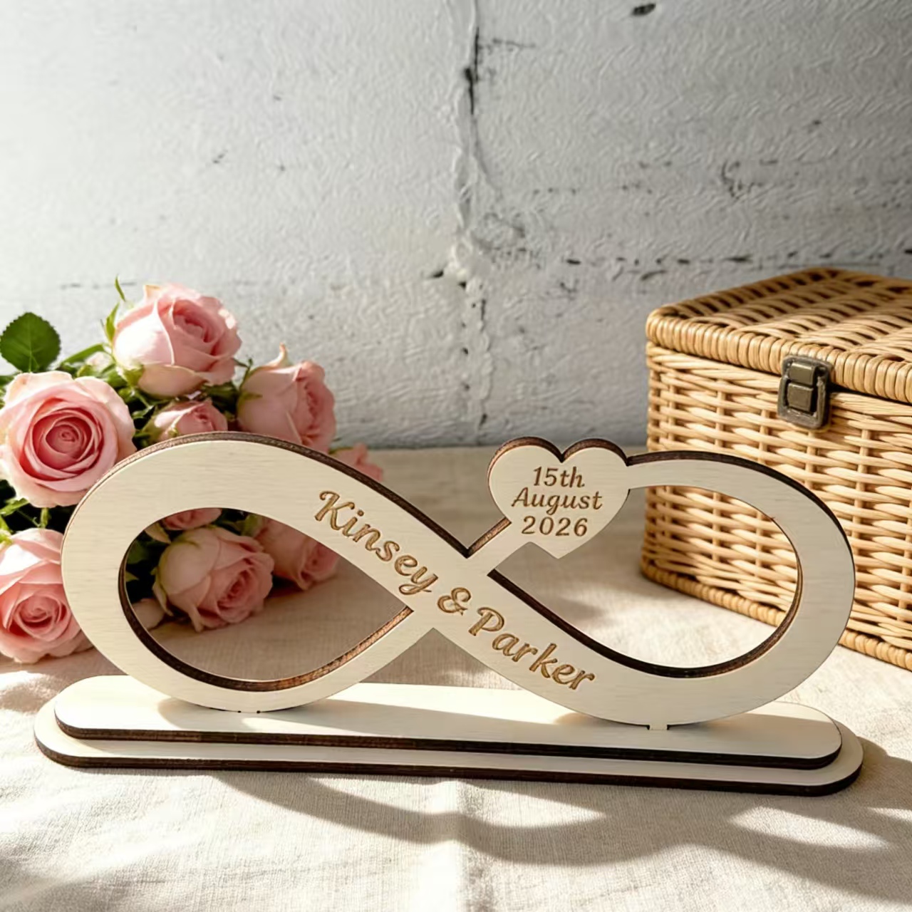 Custom Infinity Symbol Wood Table Sign With Base, Laser Engraved Names & Special Date Heart Wooden Ornament, Personalized Wedding Centerpiece Decor, Unique Anniversary Valentines Engagement Gift For C