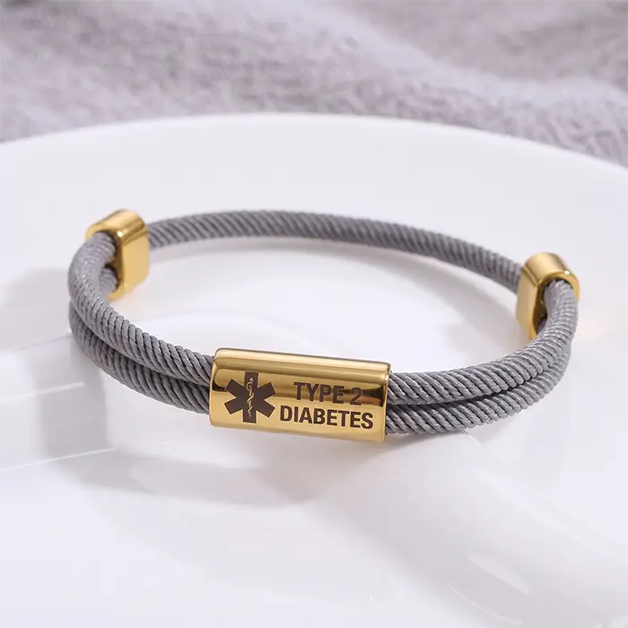 Adjustable Black Twisted Rope Medical Alert Bracelet, Engraved Star Of Life & Type 2 Diabetes Stainless Steel Tube Charm, Emergency Identification Safety Wrist 