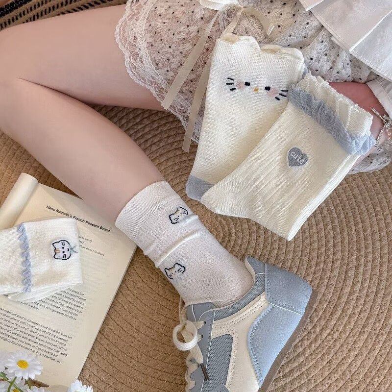 Cute Cat Embroidery Crew Socks, Coquette Ruffle Trim Pastel Socks, Women's Breathable Mesh Knit Socks For Spring & Summer