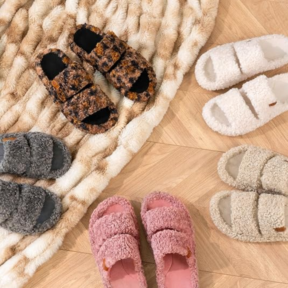 Women's Fuzzy Open-Toe Slippers, Memory Foam Indoor House Shoes Size 7-8 2