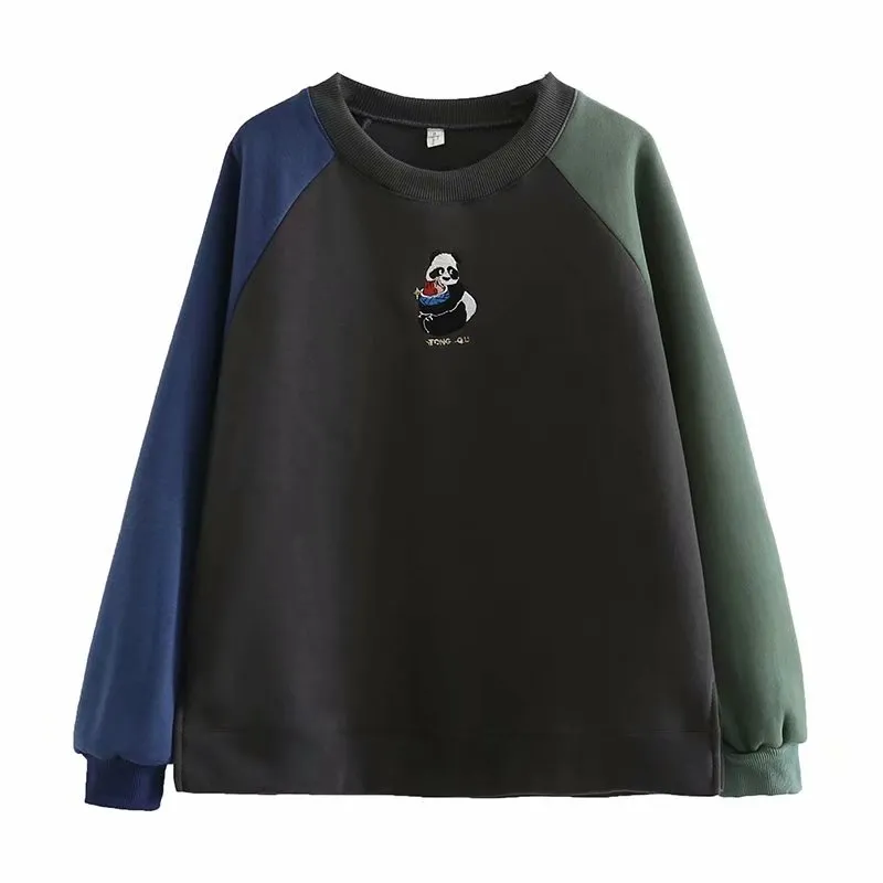 Raglan Sleeve Color Matching Plush Loose Fitting Sweater For Women - Terry Style-M