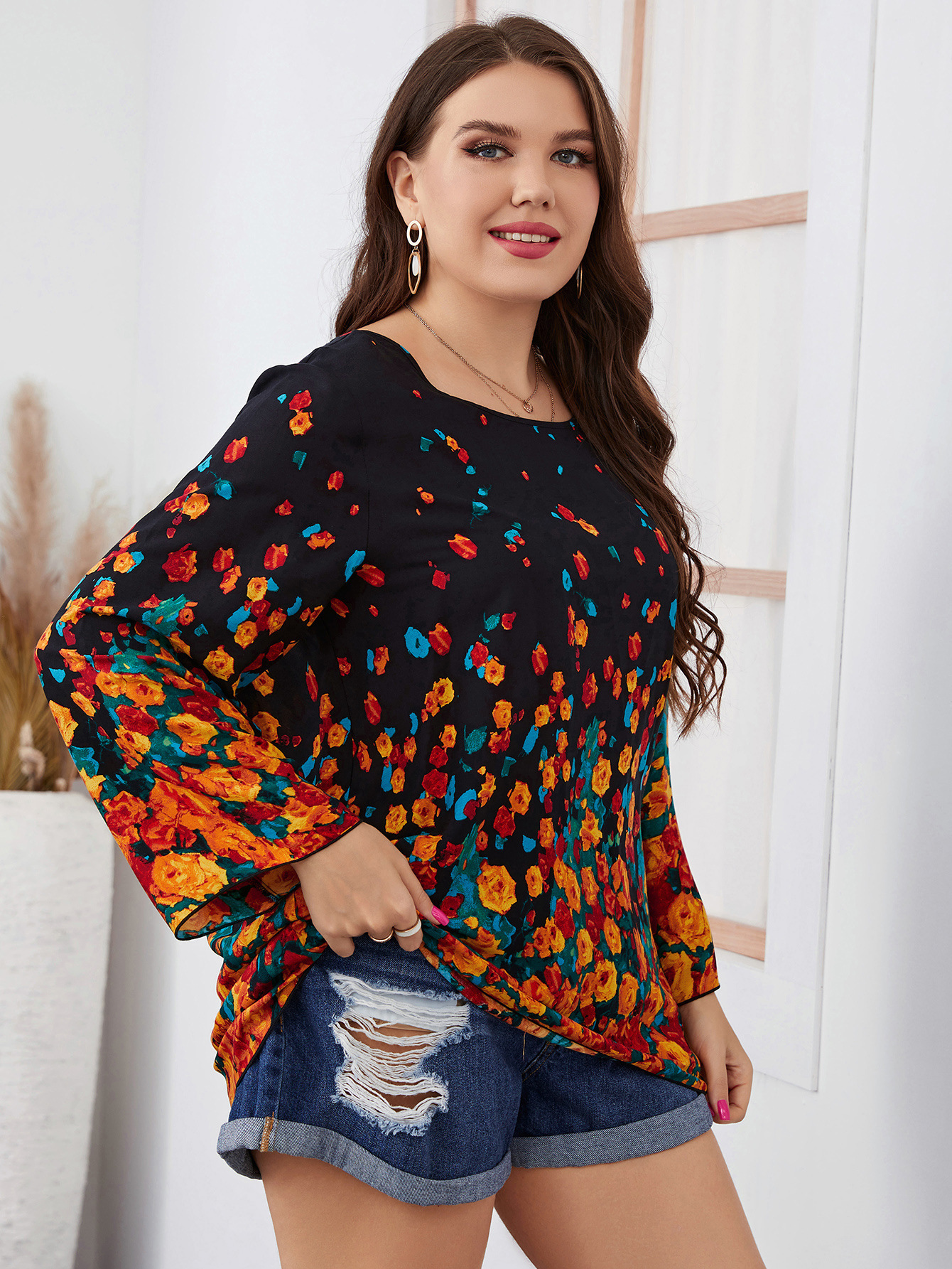 Title 3, Camisa de manga longa estampada plus size para ...