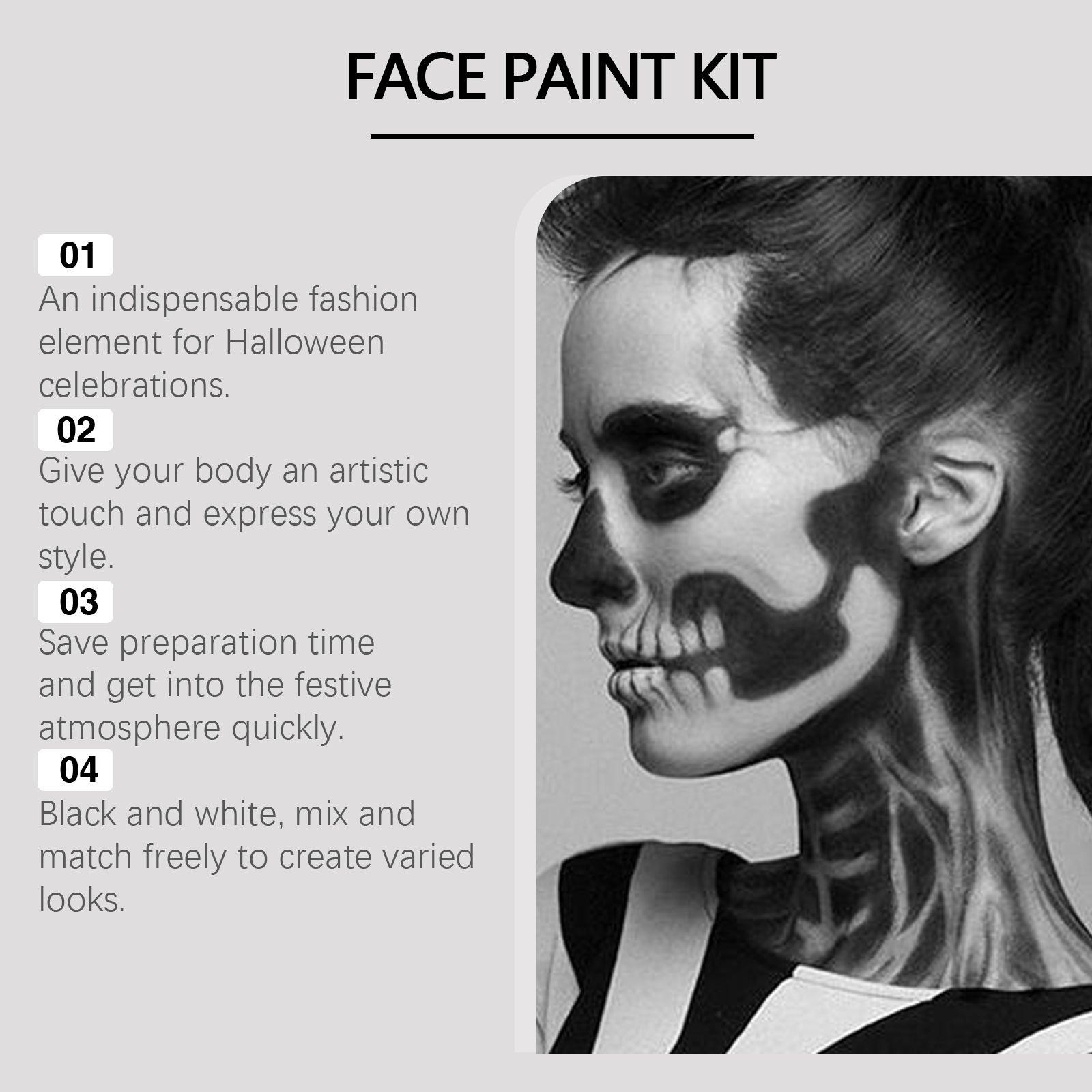 Black White Face Paint Kit, Halloween Skeleton Body Paint For Cosplay Costume Makeup, High Coverage Face Painting With Brushes