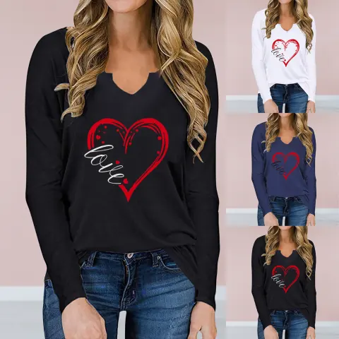 Vneck Valentines Day Printed Tshirt Longsleeved Loose Top