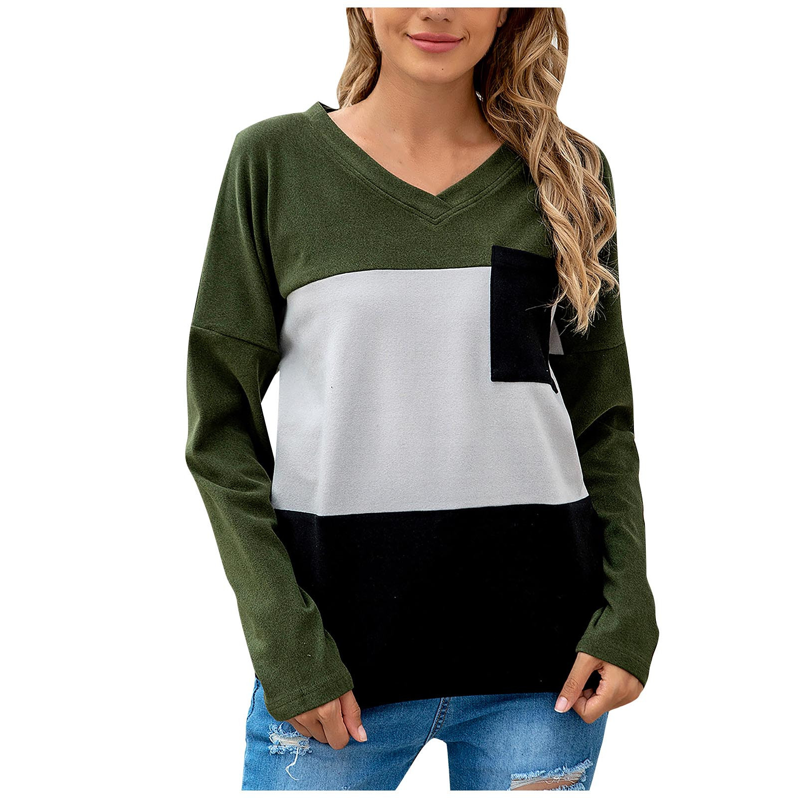 Title 1, V-neck long sleeve stitching three-color plus v...