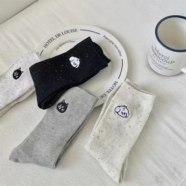 Women's Cute Cat & Dog Embroidered Crew Socks, Speckled Ribbed Knit Casual Socks