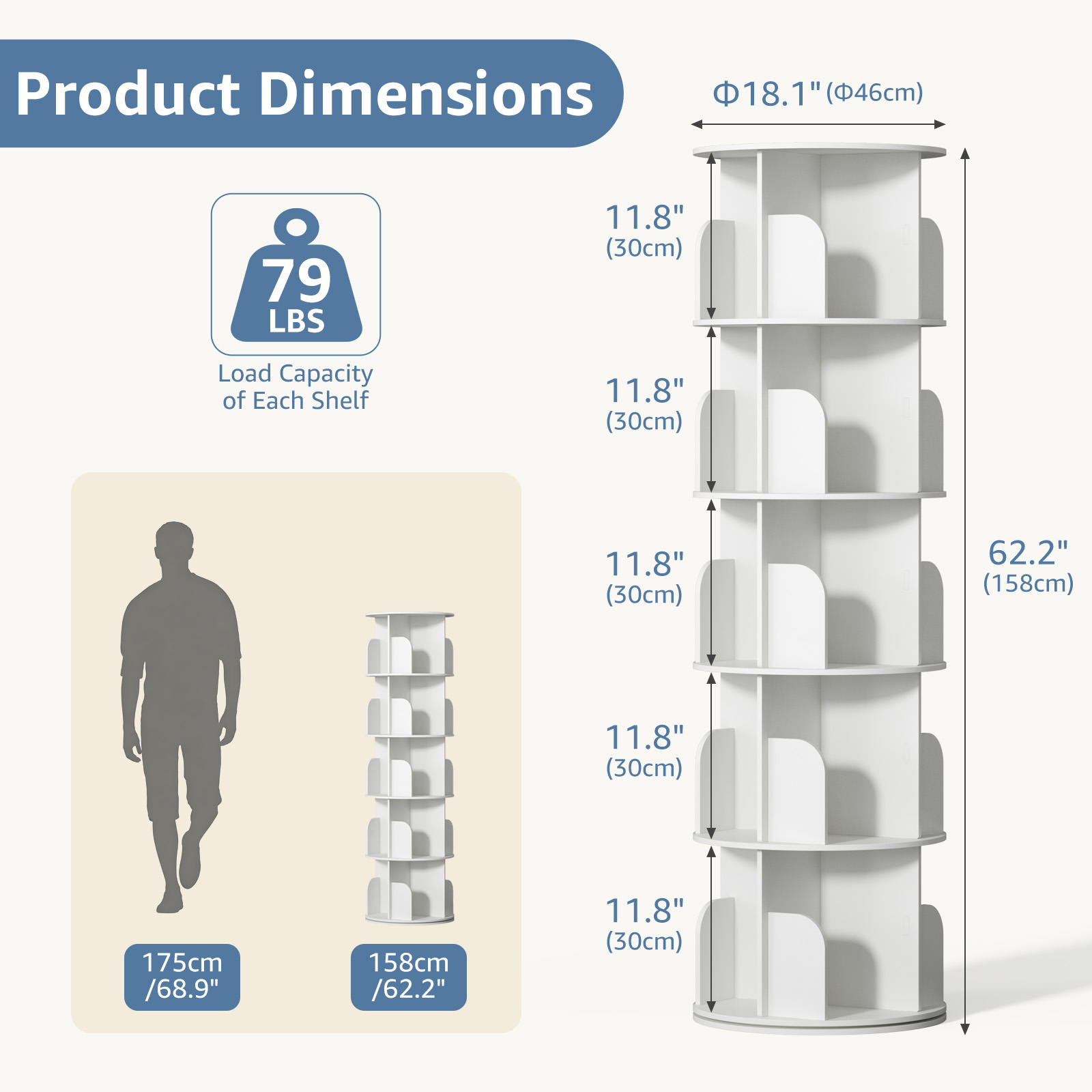 Rotating 5 Tier Book Tower, 360 Degree Revolving Shelf, Vertical Spiral Corner Bookcase - 4