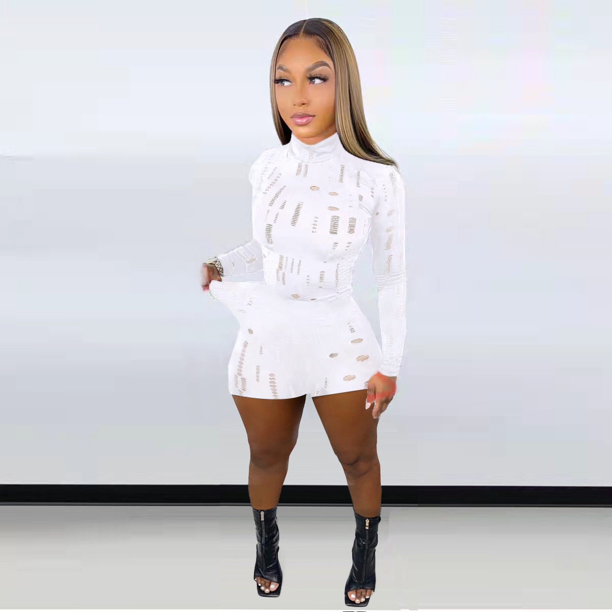 Elastic Ripped Turtleneck Long-sleeved Top Pencil Pants Set - Image 5
