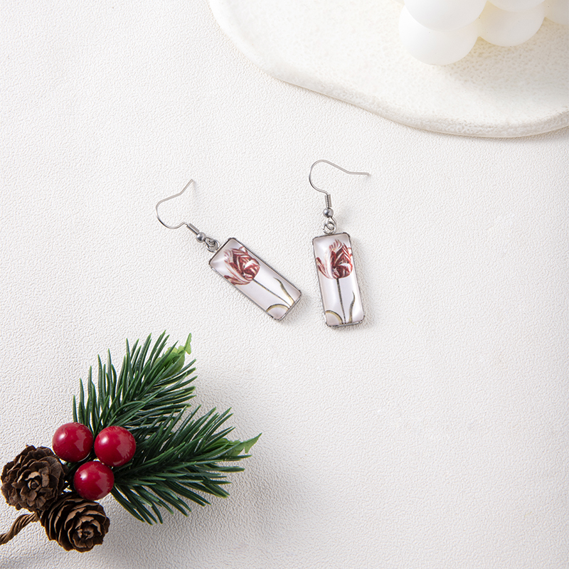 2023 New Flowers Tulip Time Gemstone Dangle Earrings Creative Square Stainless Steel Earrings