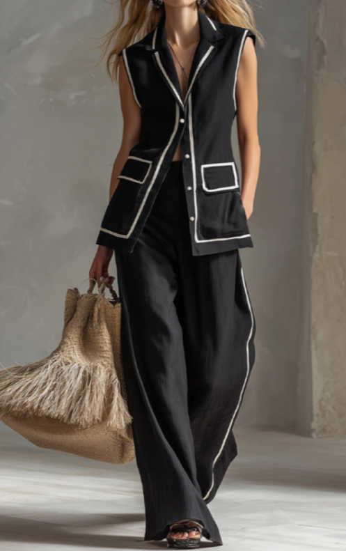 Minimalist Sleeveless Vest With Trim  Side Striped Wide Leg Pants An Elegant Two Piece Set.