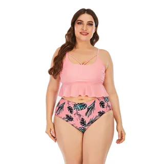 Swimsuit Women's Triangle High Waist Printed Solid Color Tankini Swimsuit - Pink