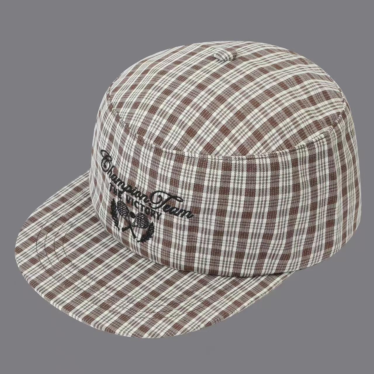 Checkered Embroidery Letter Tennis Racket Pattern Flat Brim Baseball Cap Suitable For Mountain Camping Hiking, Street Store Exploration And Photo Taking