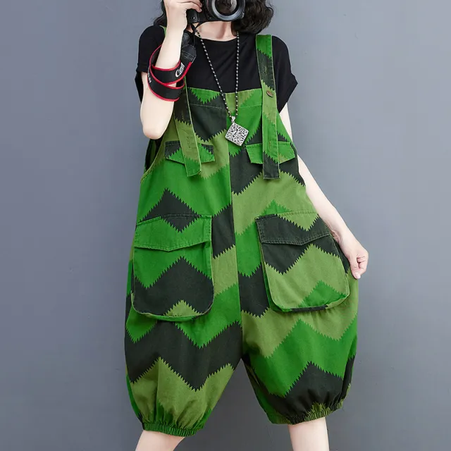 Women's Plus Size Korean Style Denim Print Overalls Green - Shop at LoveMi