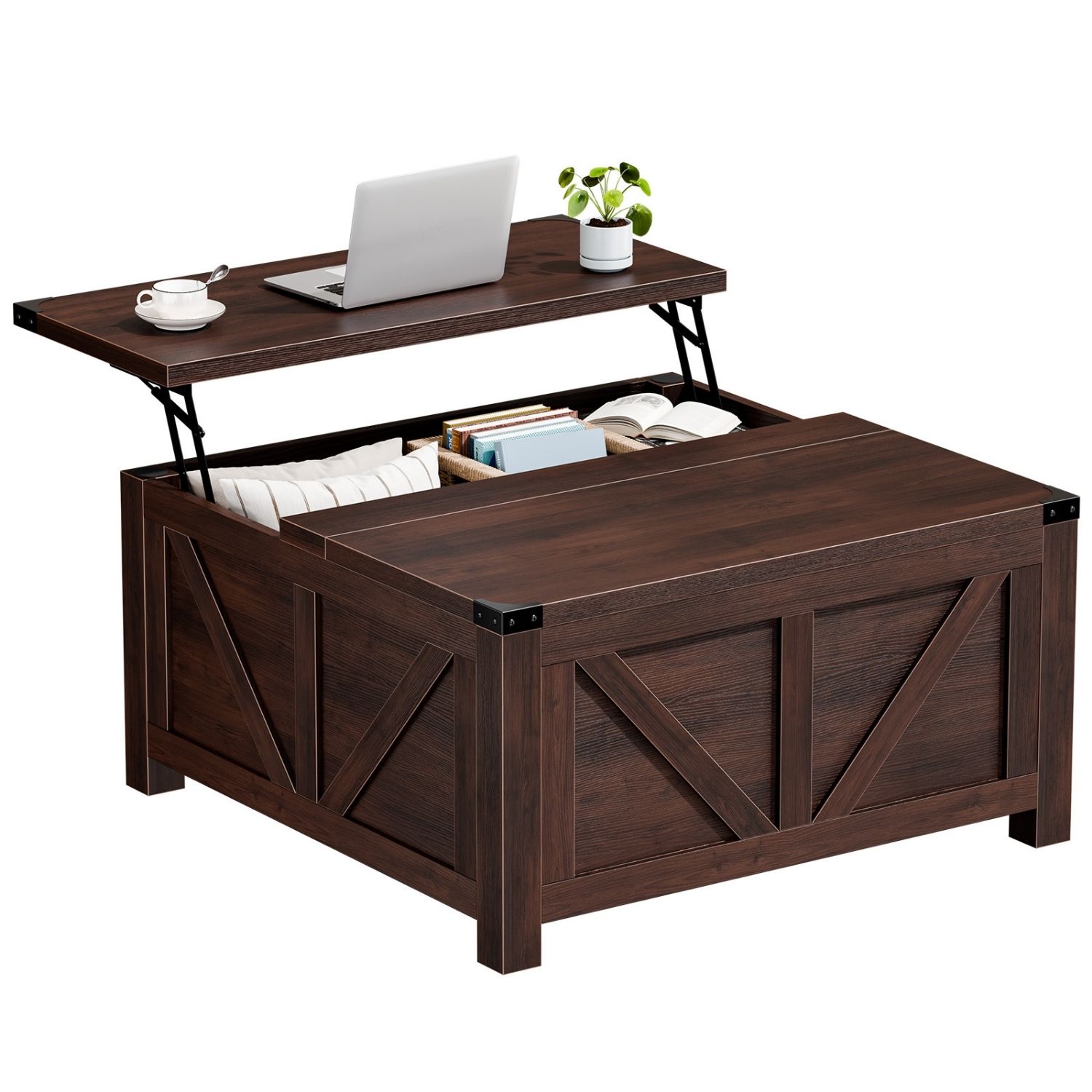 Lift Top Coffee Table With Storage And USB Charging Station, Square Center Table, Hidden Space For Living Room