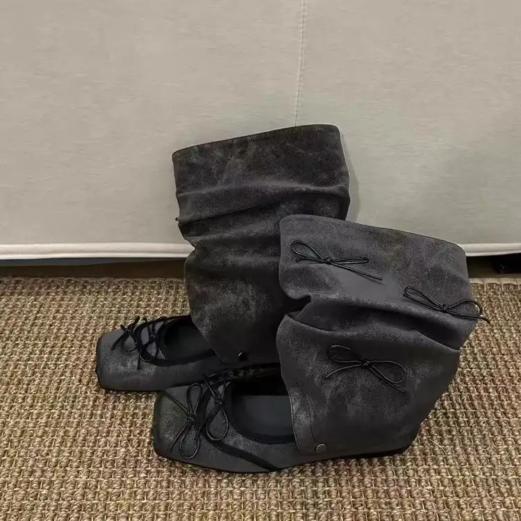 Women's New Early Autumn Detachable Bow Dark Style Mary Jane Stack Ankle Boots, Low Shaft Kitten Heel Fashion Boots