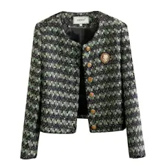 Women's Short Loose Ladies Style Green Striped Coat Jacket - Green - View 1
