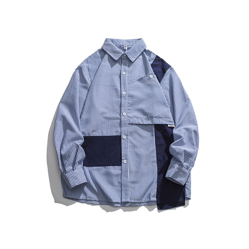 Stitching Lapel Long-sleeved Striped Shirt Trend