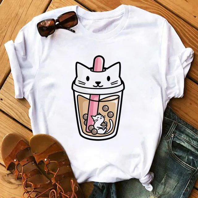 New Cute Milk Tea Print Short Sleeve Women 4Style - Shop at LoveMi