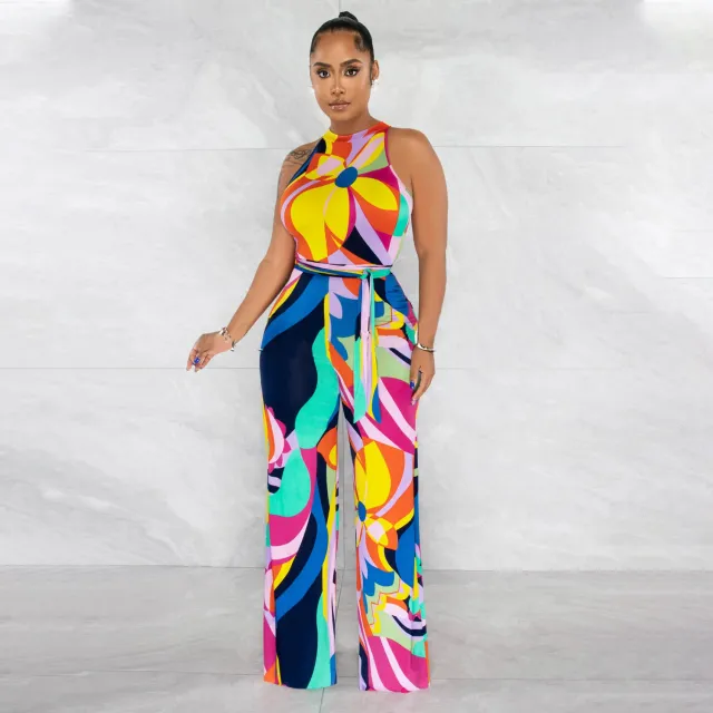 Women's Printed Sexy Sleeveless Lace up Jumpsuit Trousers Os6874 Yellow - Shop at LoveMi