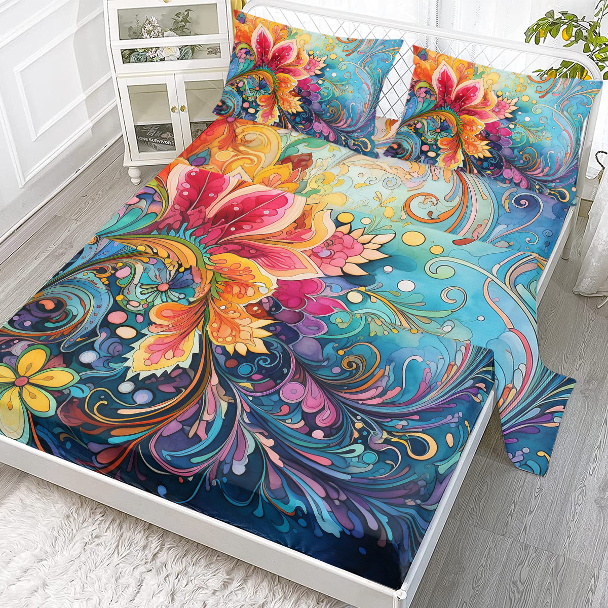 Bedding Flat Sheet Set With Deep Pocket Mattress Cover Sheets, Colorful Flowers Printed Fabric Bed Sheets