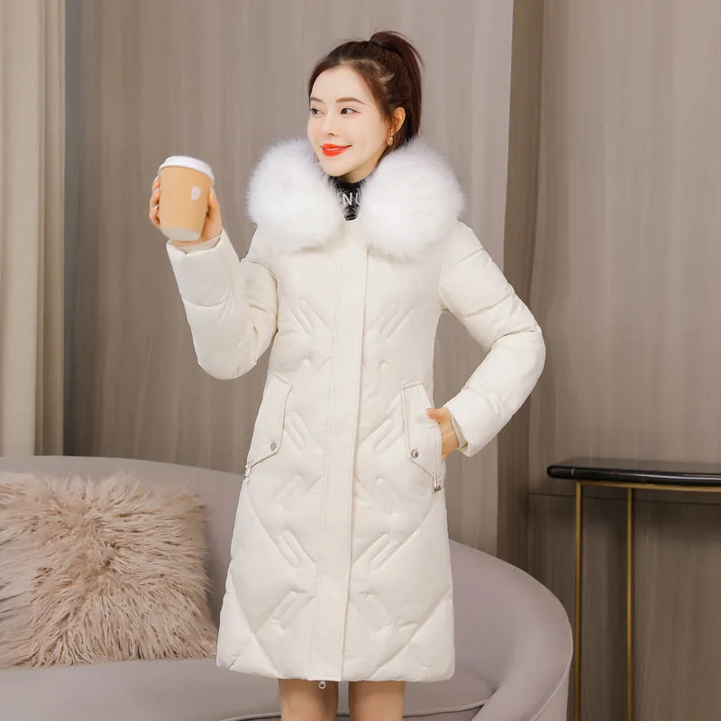 Thickened Western-style Cotton-padded Jacket Plus Size Slimming Warm - Offwhite White Fur Collar