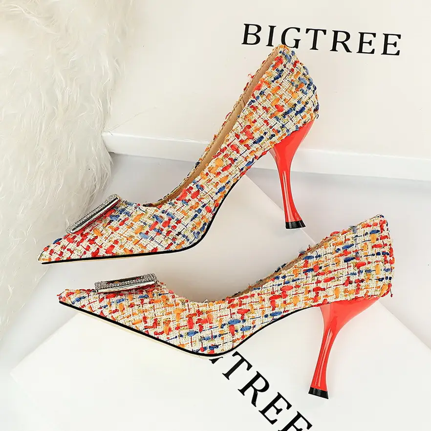 Shallow Mouth Pointed Toe Color-blocking Cloth Metal Rhinestone Square Buckle Single Shoes
