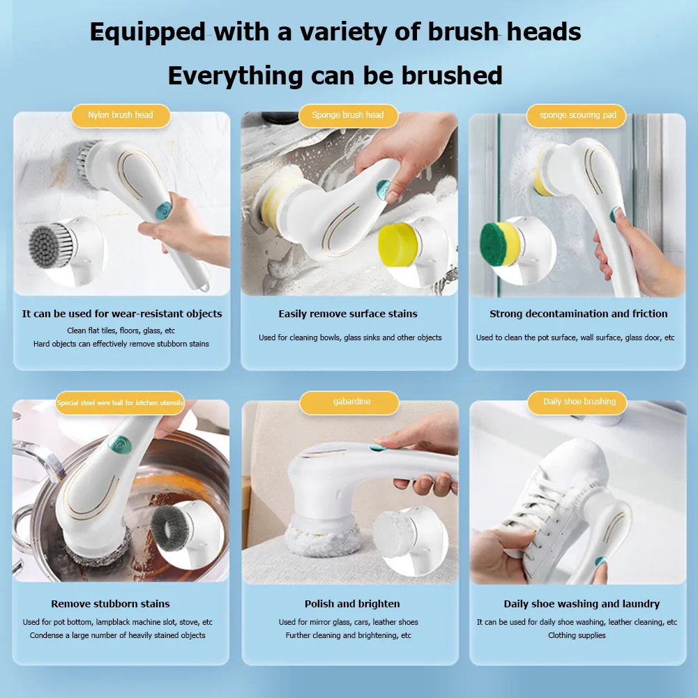 Multifunctional Electric Handheld Kitchen Household Dishwashing Brush Handheld Scrubber Bathtub Sink Bathroom Kitchen Tile Cleaning Tool Drill Brush Set With 5 Heads – image 5