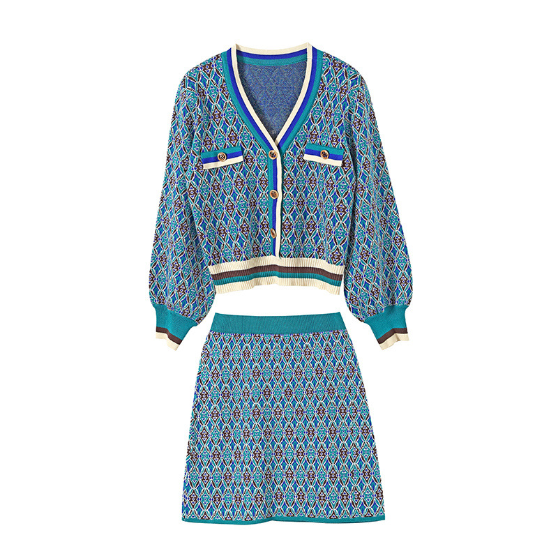 Thin V Neck Sweater And Skirt Suit