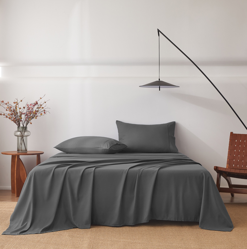 2000TC 4PCS Bed Sheet Set Single  Flat Fitted Pillowcases-Gray-Queen