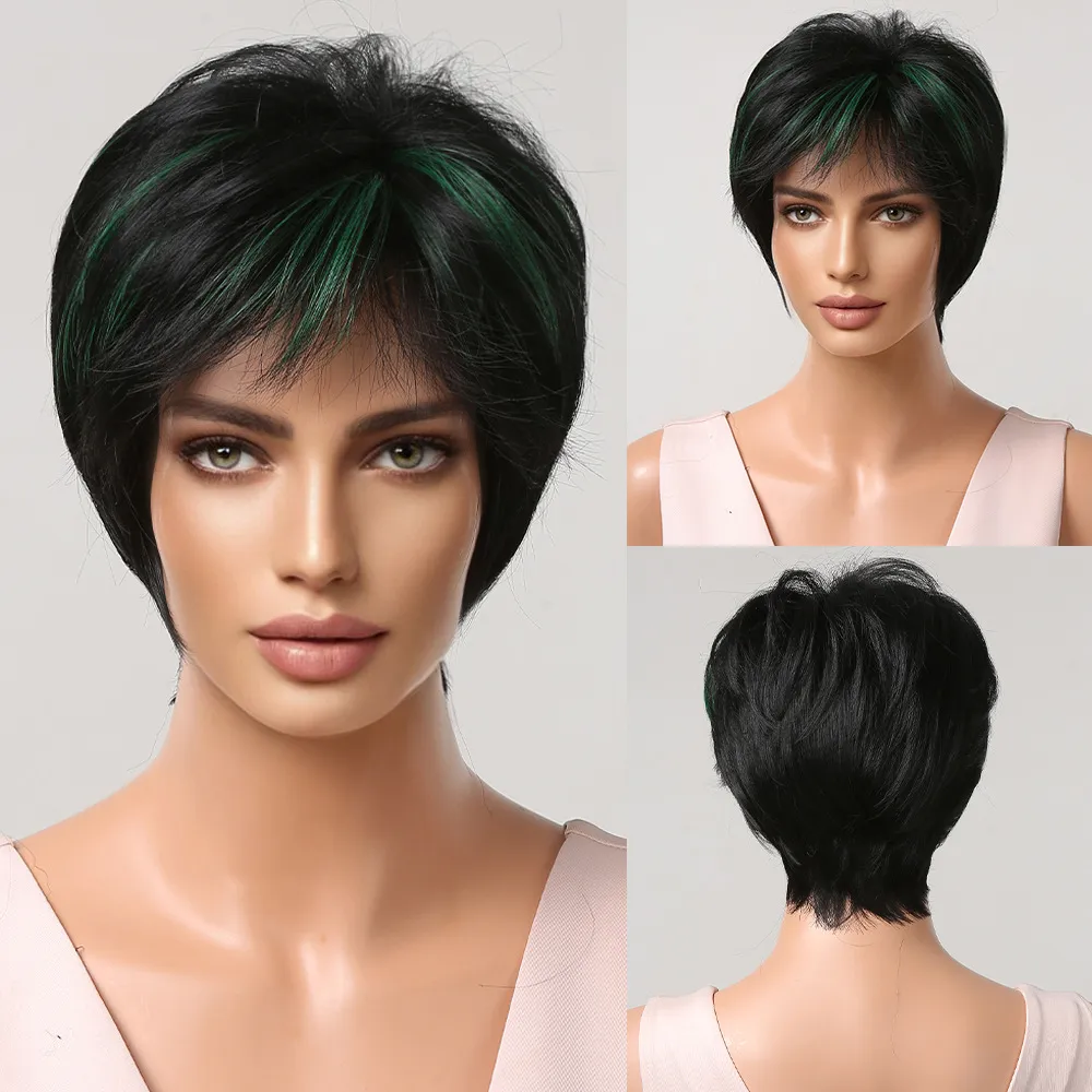 Stylish Short Curly Hair Round Face And Wavy Head - Lc20205 Black Dyed Green