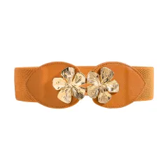 Women's Stretch Elastic Belt Floral Metal Buckle Wide Waist With Coat Skirt - Brown - View 1